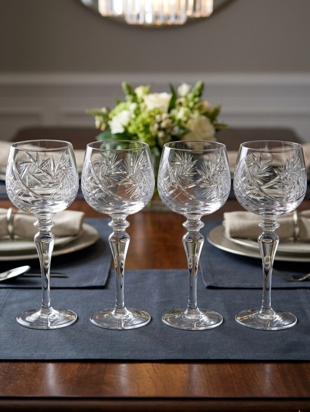 VINTAGE Cut Crystal Hock Pinwheel Etched Wine Glass Goblet, Set of 4